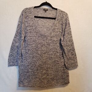 Talbots XL Sweater Blue White Heathered Linen Silk Blend V Neck Coastal Beach